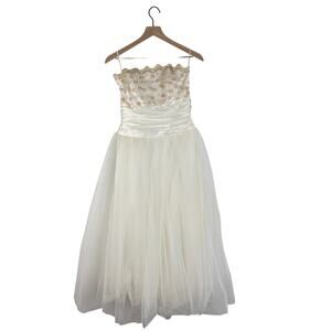 Gunne Sax white tulle gold floral strapless wedding prom gown 7/8